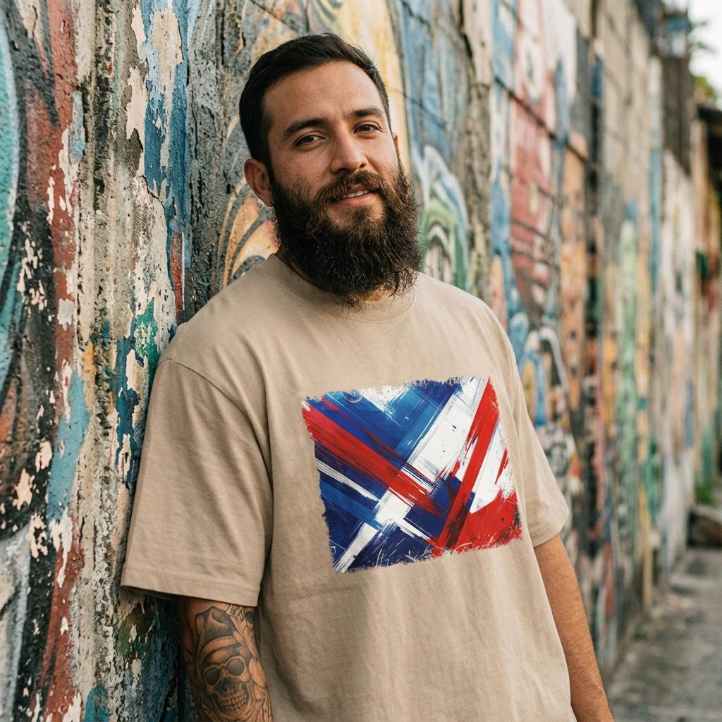 Panama Los Canaleros Sand. Man wearing a beige t-shirt with a colorful graphic design, standing in front of a graffiti-covered wall.