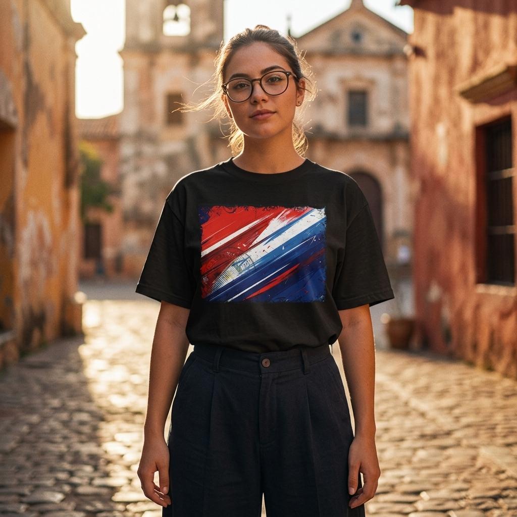 Paraguay La Albirroja Dark Mode. Woman wearing a black t-shirt with a colorful graphic design in an old town setting