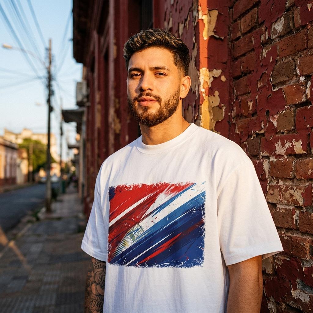 Paraguay La Albirroja Light Mode. Man wearing a white t-shirt with a colorful graphic design, standing against a brick wall.