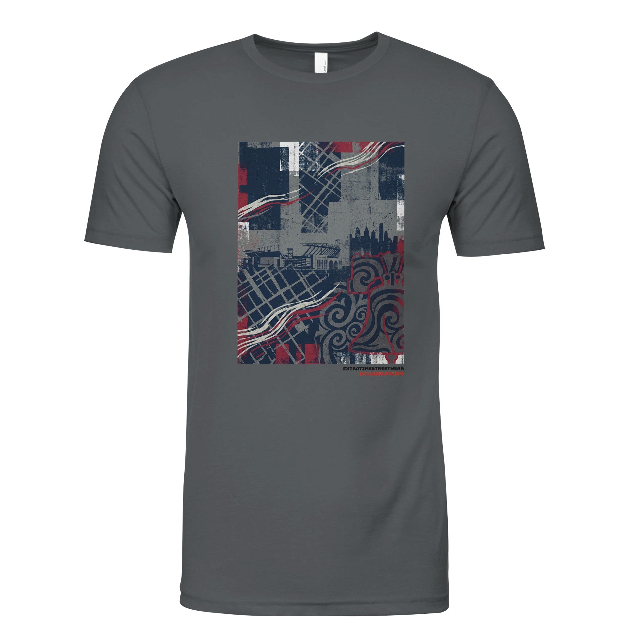 Gray t-shirt with a colorful geometric pattern on a white background
