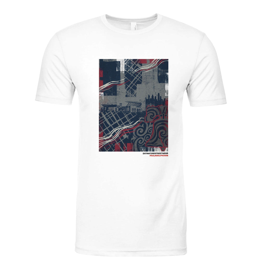 White t-shirt with a colorful geometric pattern on a white background