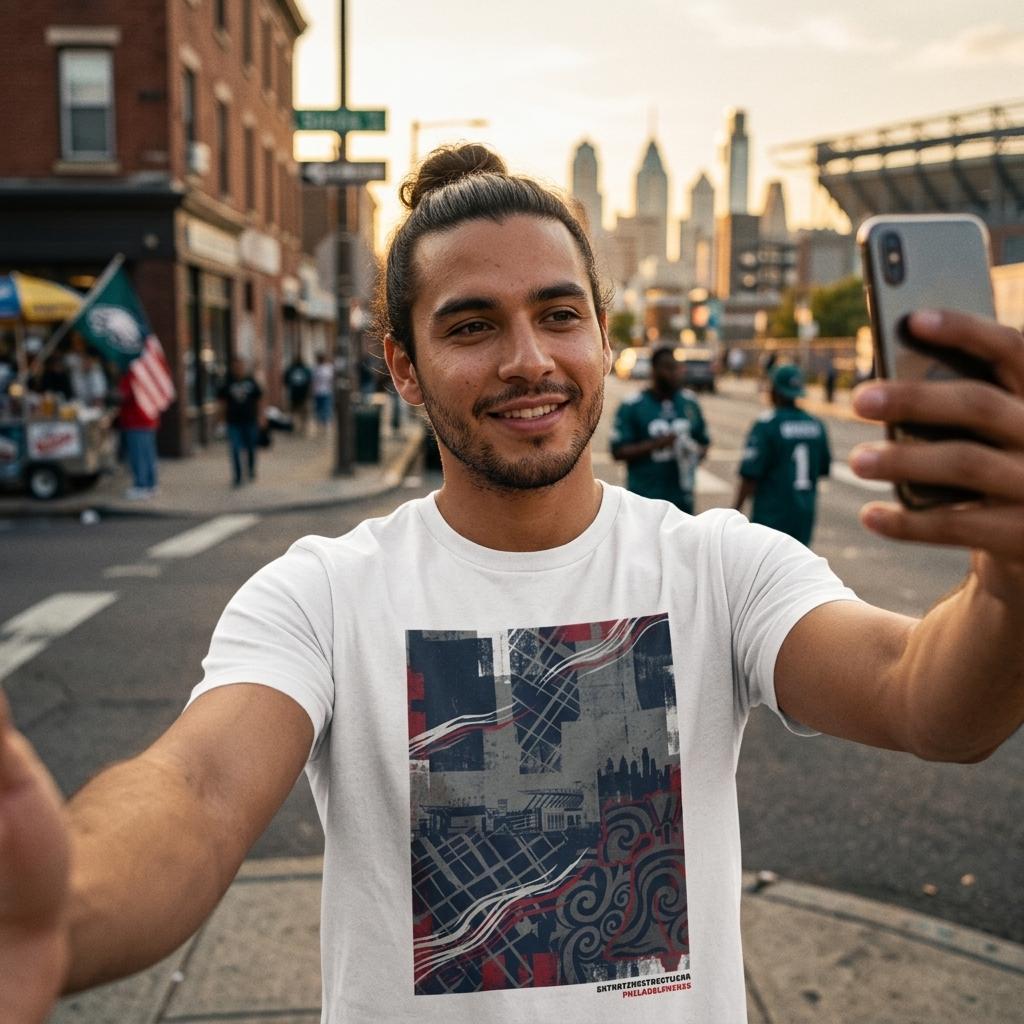 Man taking a selfie on a city street with a city skyline in the background