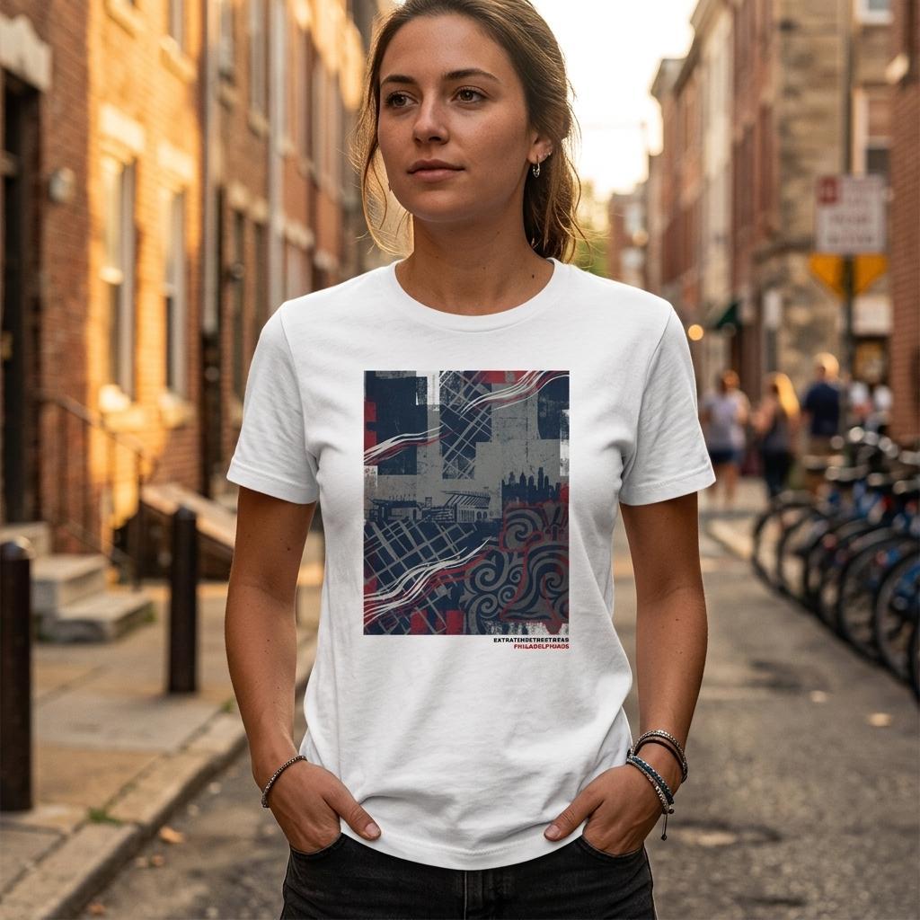 Woman wearing a white t-shirt with a graphic design on a city street.