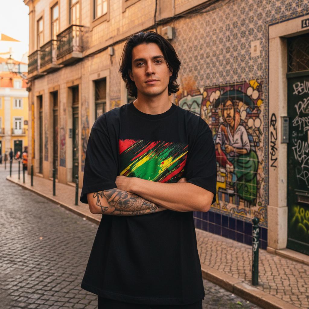 Portugal Selecaio Dark. Man wearing a black t-shirt with a colorful design standing on a street with graffiti.