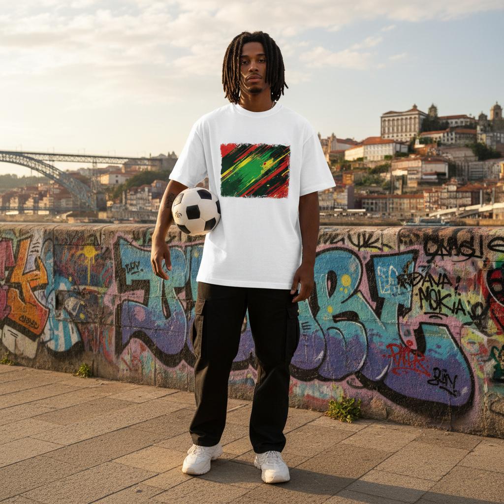 Portugal Selecao Light. Person holding a soccer ball with a colorful design on a graffiti-covered wall.