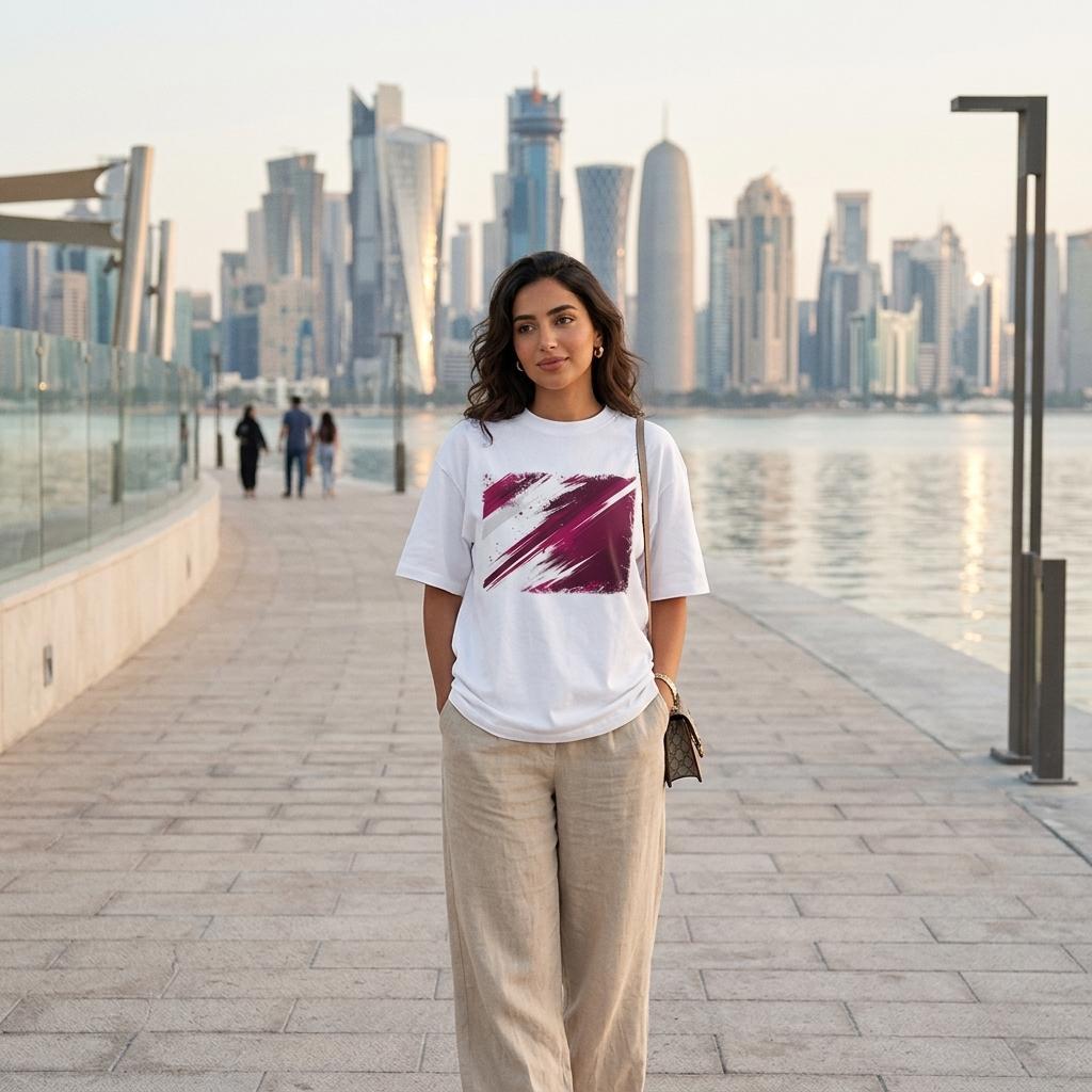 Qatar Al-Annabi Light. Woman standing on a boardwalk with a city skyline in the background