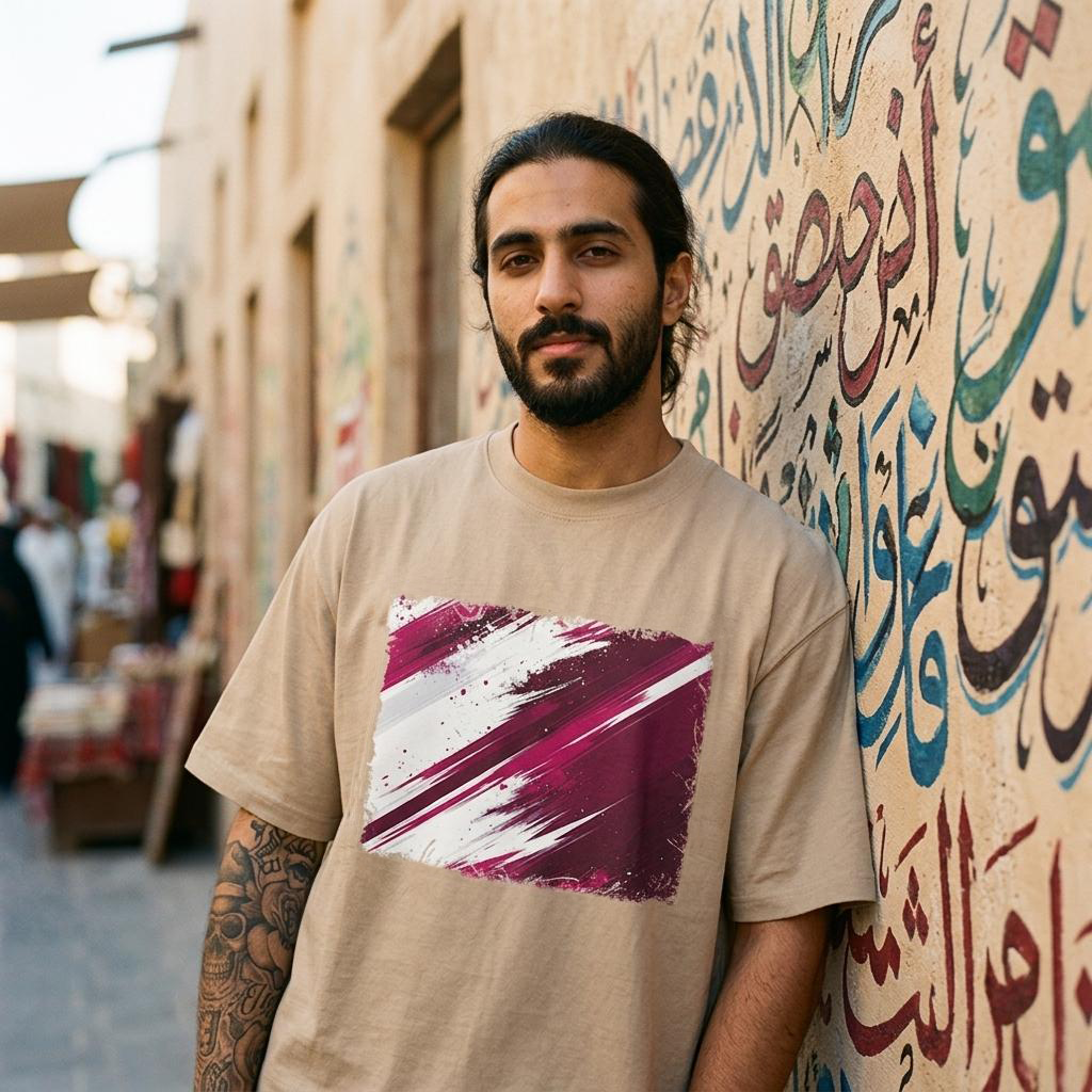 Qatar Al-Annabi Sand. Man wearing a beige t-shirt with a colorful design, standing in front of a wall with Arabic text.