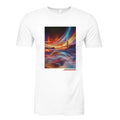White shirt with abstract design on front. 