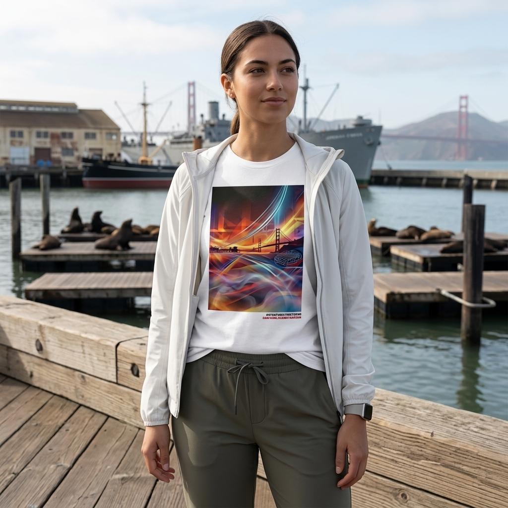 Person wearing a t-shirt with a colorful design by a waterfront with boats and a bridge.