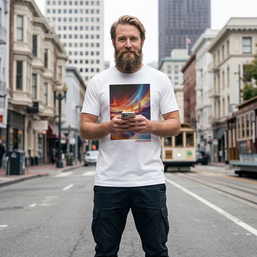 Man wearing a white t-shirt with a graphic design on a city street