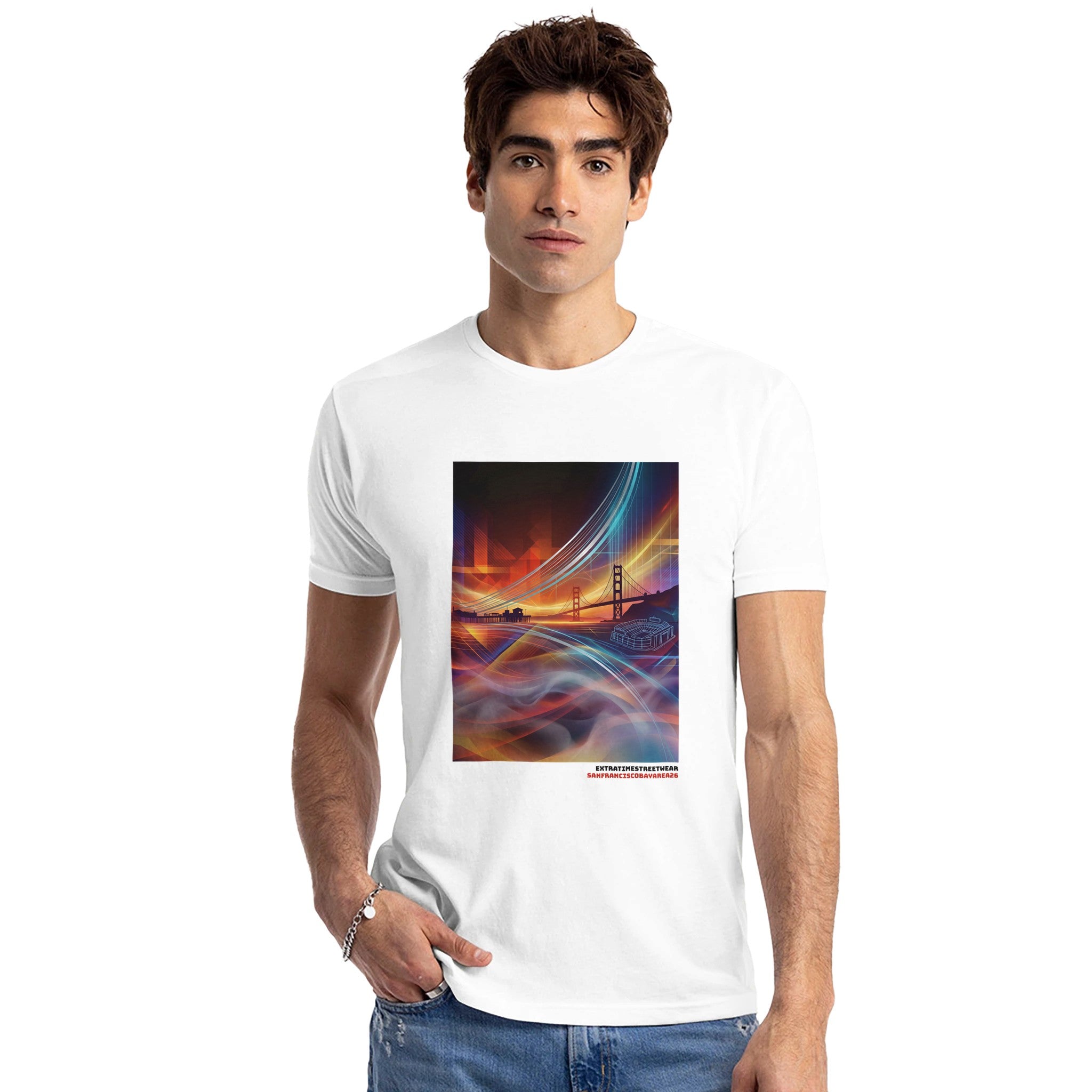 Man wearing white shirt with abstract design. 