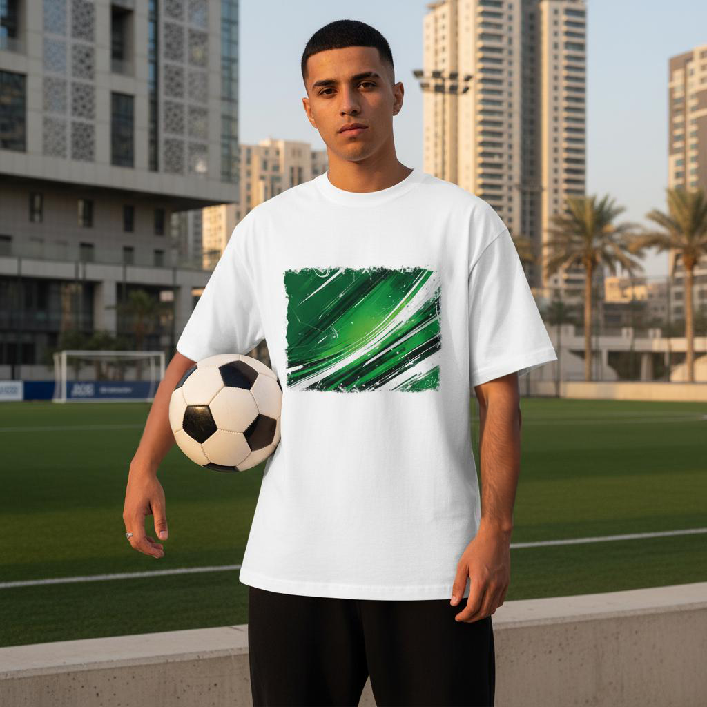 Saudi Arabia Green Eagles Light. Man standing with soccer ball with a soccer field behind him.