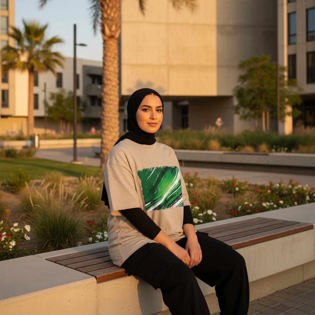 Saudi Arabia Green Eagles Sand. Woman with hijab sitting on a bench.