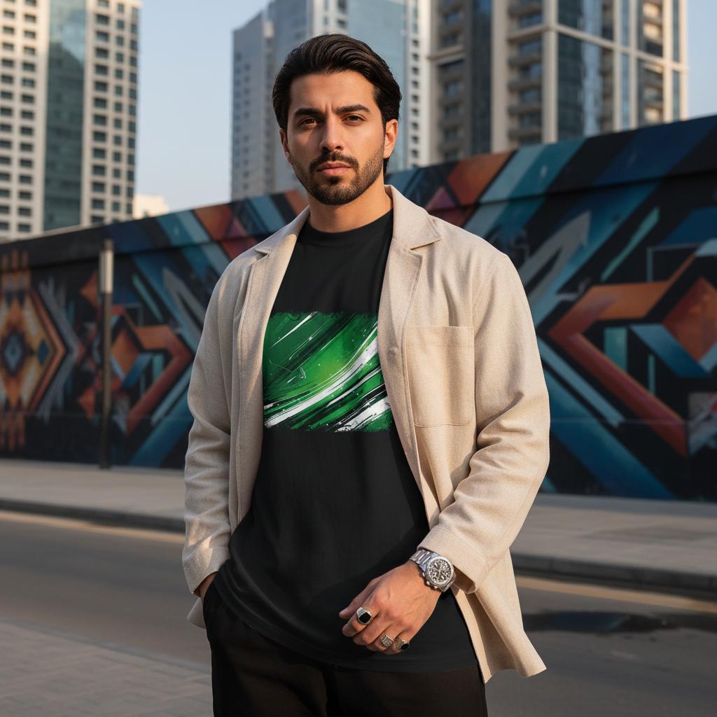 Saudia Arabia Green Eagles Dark. Man wearing a black t-shirt with green design and beige jacket in front of colorful graffiti.
