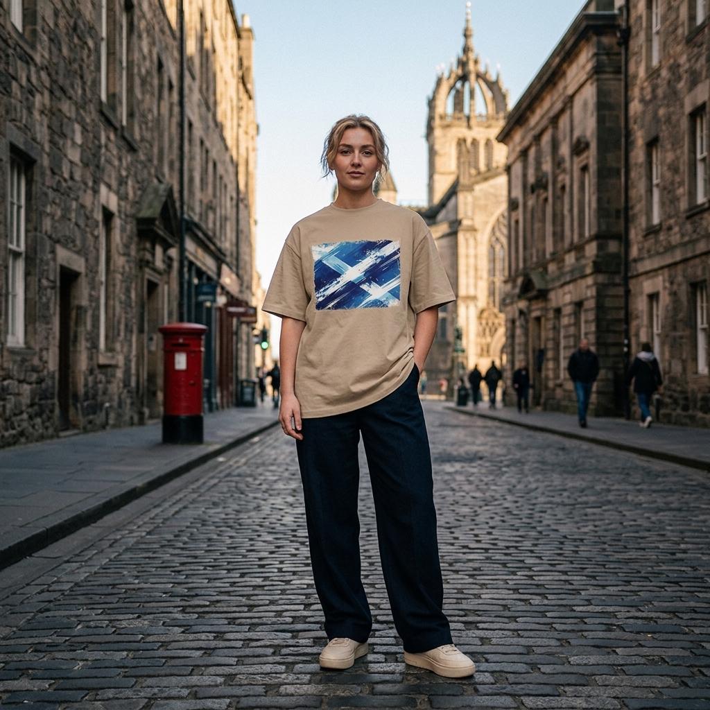 Scotland Tartan Army Sand. Person wearing a beige t-shirt with a graphic design on a cobblestone street.