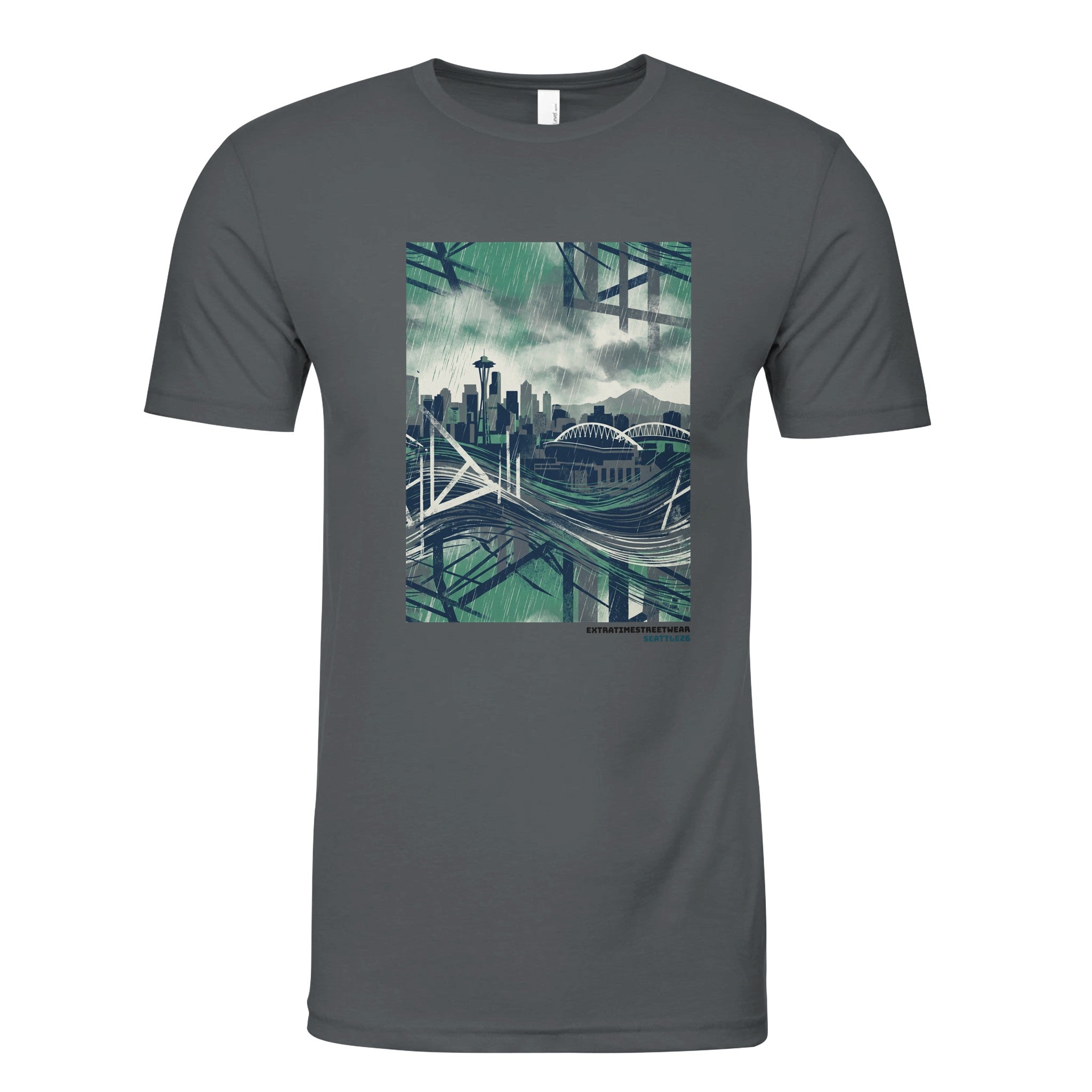 Gray t-shirt with a cityscape design on a white background