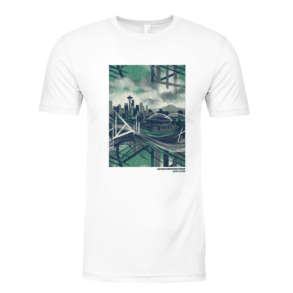 White shirt with Seattle inspired design on front. 