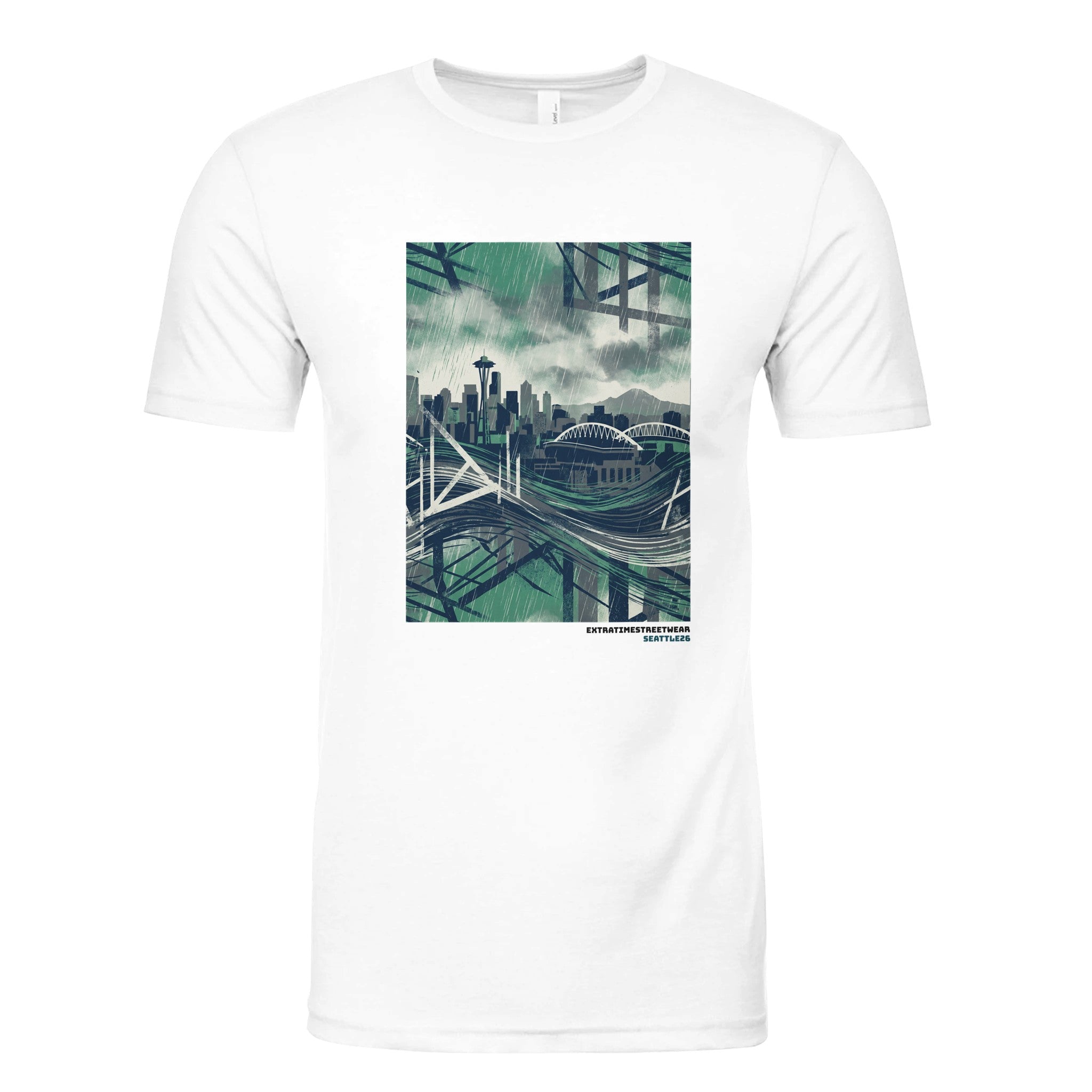 White shirt with Seattle inspired design on front. 