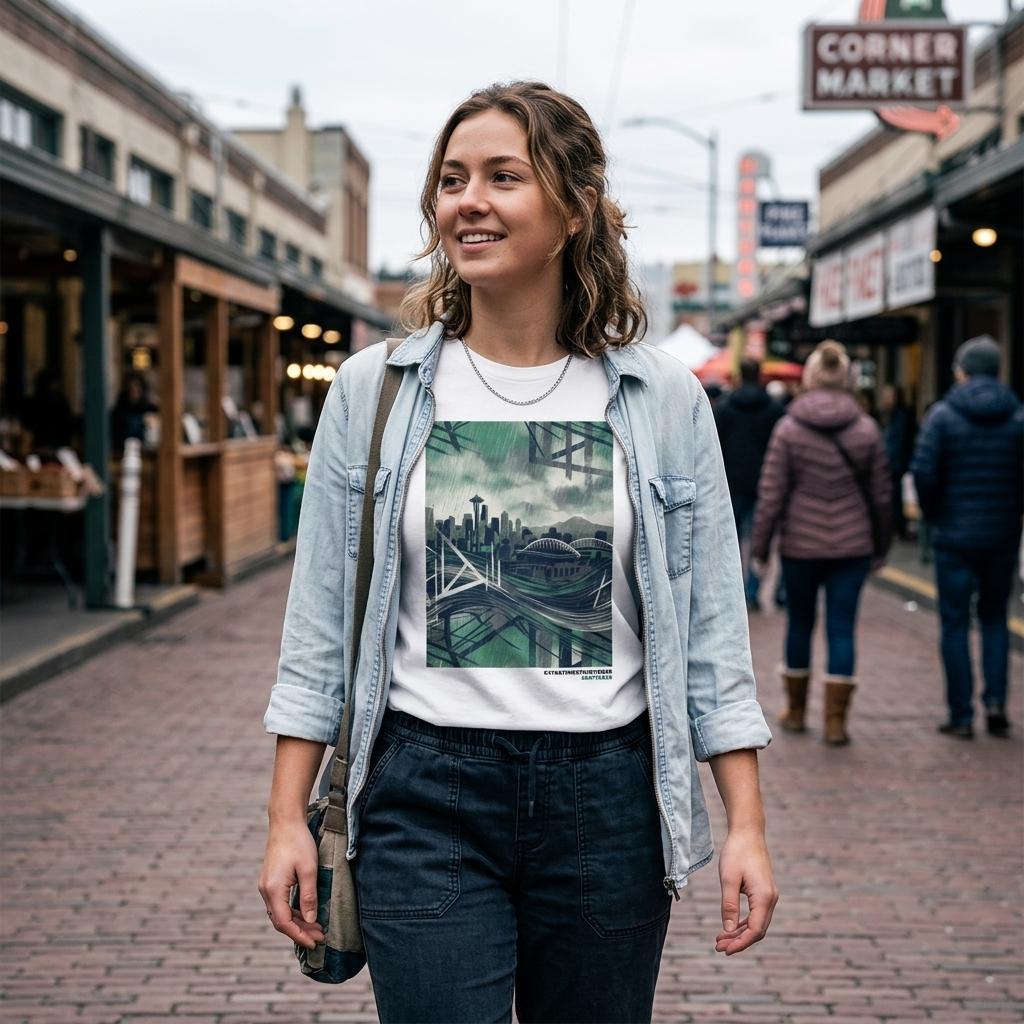 Woman wearing white shirt with design and jean jacket in Seattle street.