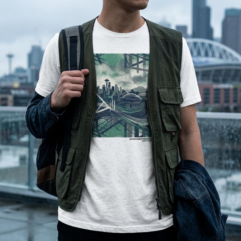 Man wearing white shirt with Seattle inspired design on a building roof.