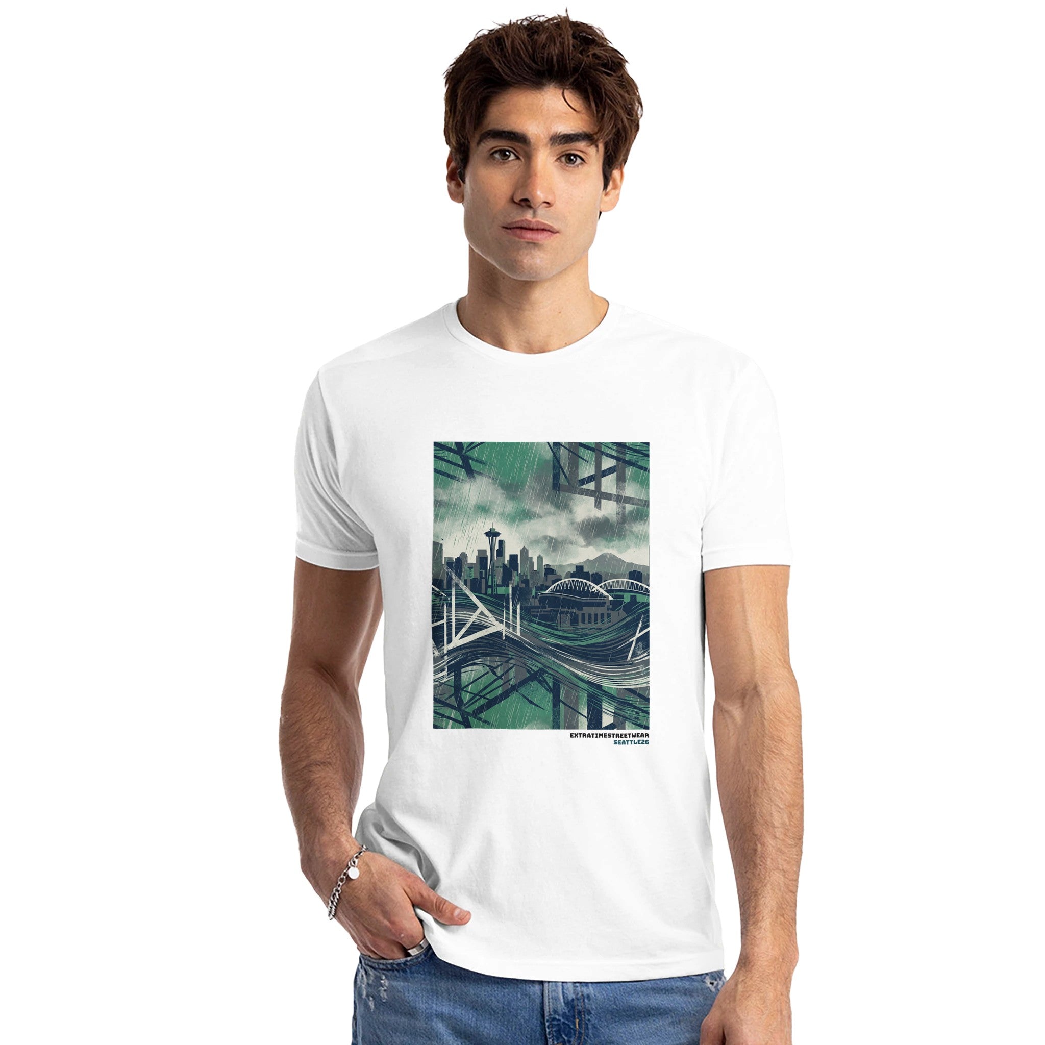 Man wearing white shirt with Seattle inspired design on front. 
