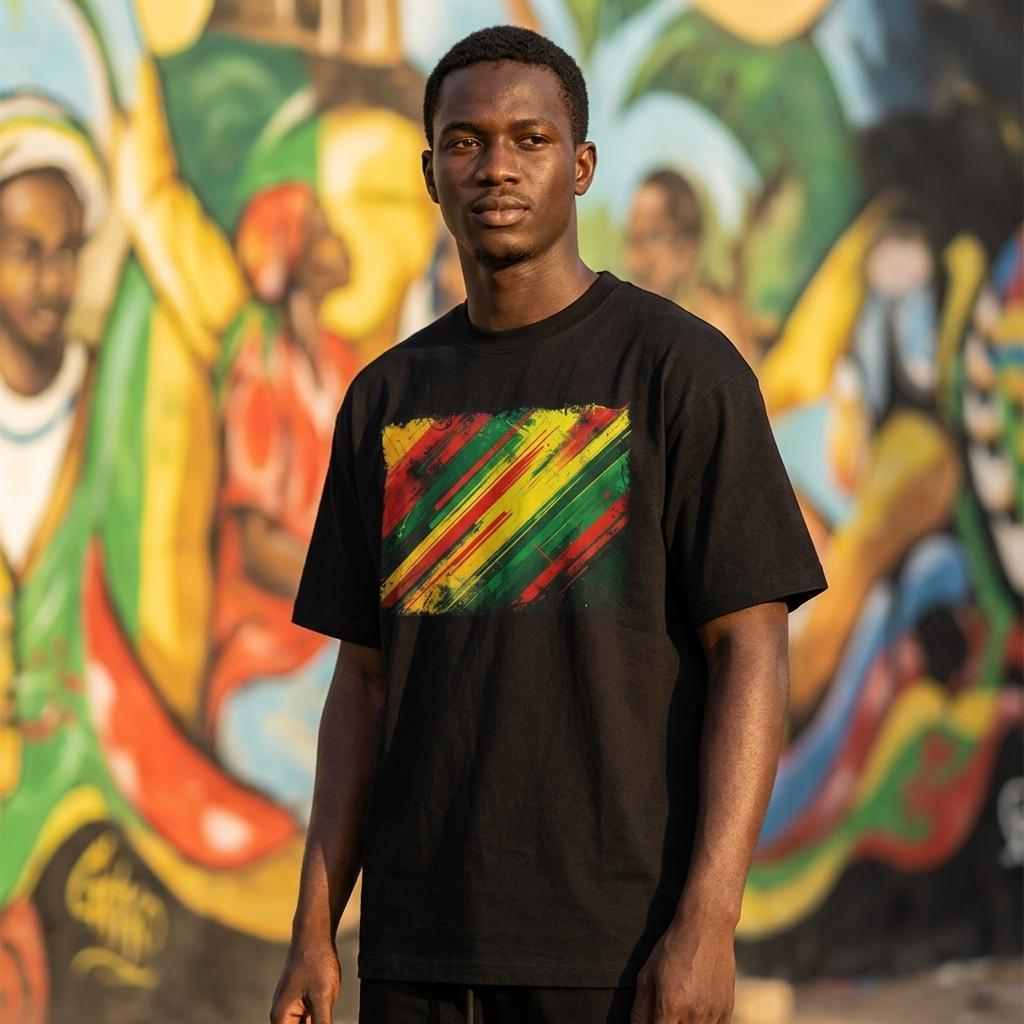 Senegal Lions of Teranga Dark. Man wearing a black t-shirt with a colorful design in front of a vibrant mural.