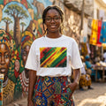 Senegal Lions of Teranga Light. Woman wearing a white t-shirt with a colorful design in an outdoor market setting