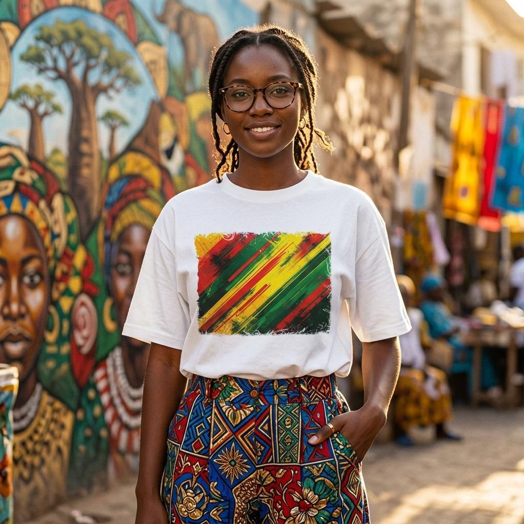 Senegal Lions of Teranga Light. Woman wearing a white t-shirt with a colorful design in an outdoor market setting