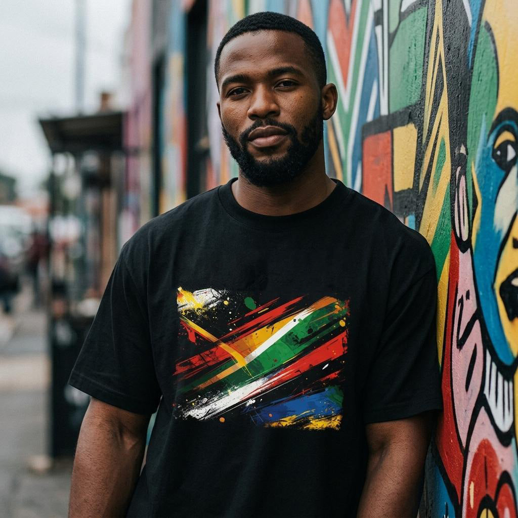South Africa Bafana Bafana Dark. Man wearing a black t-shirt with a colorful abstract design in front of a graffiti wall.