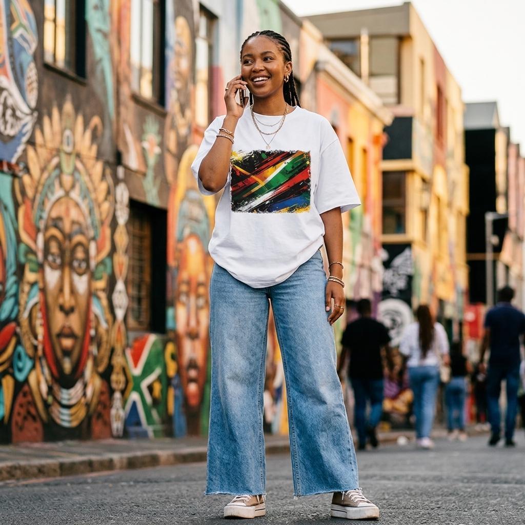 South Africa Bafana Bafana Light. Woman talking on a phone in an urban setting with colorful murals.