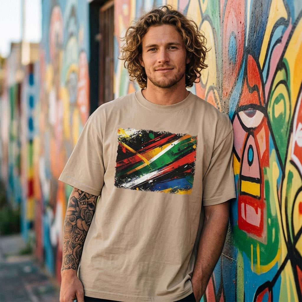 South Africa Bafana Bafana Sand Man wearing a beige t-shirt with a colorful abstract design, standing in front of a vibrant mural.