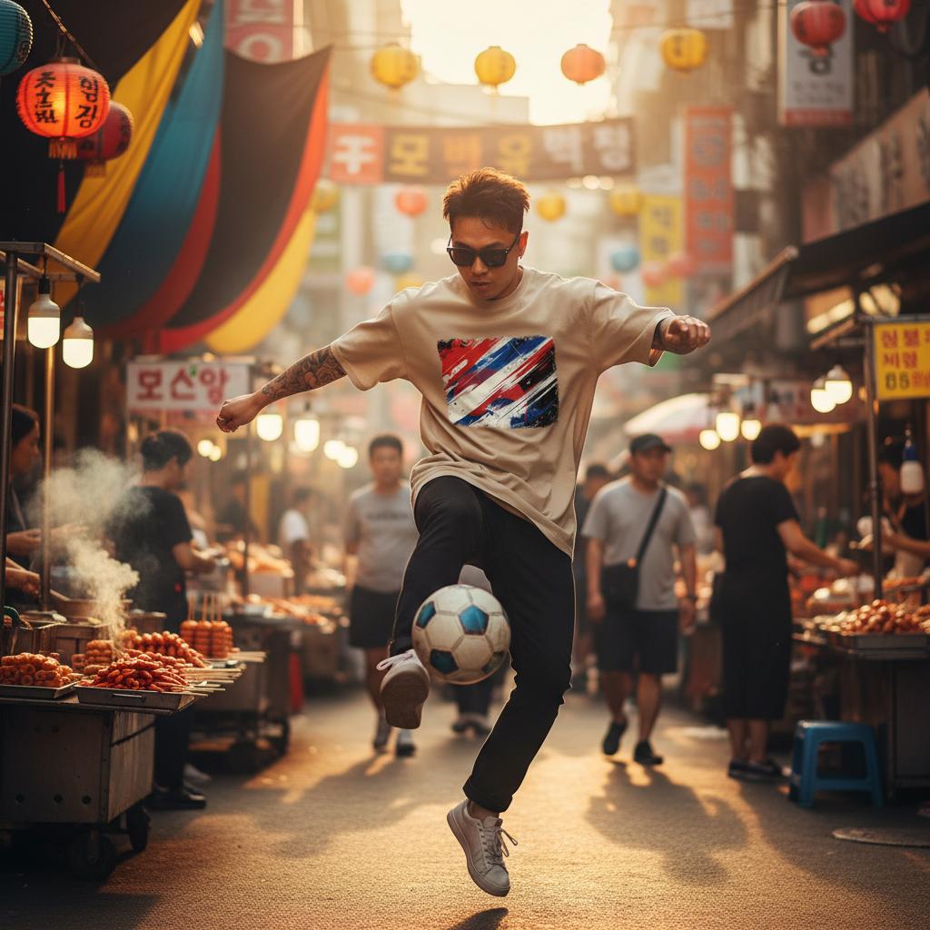 South Korea Taegeuk Warriors Sand. Man kicking a soccer ball in the middle of a market. 