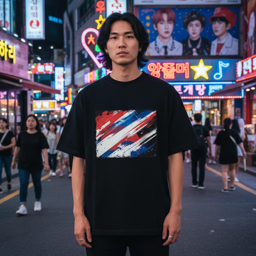 South Korea Taeguk Warriors Dark. Person wearing a black t-shirt with a colorful graphic design in a vibrant street setting.