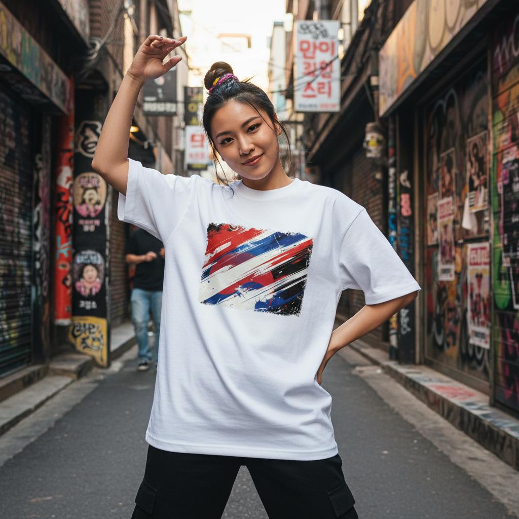 South Korea Taeguk Warrios Light. Woman wearing a white t-shirt with a colorful graphic design in an urban alleyway.
