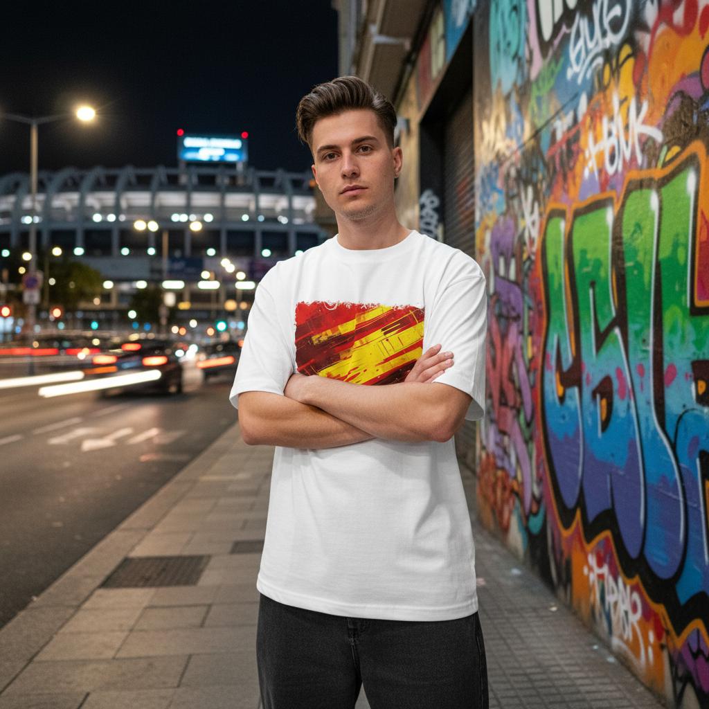 Spain La Roja Light. Man standing in front of a graffiti wall at night with city lights in the background.