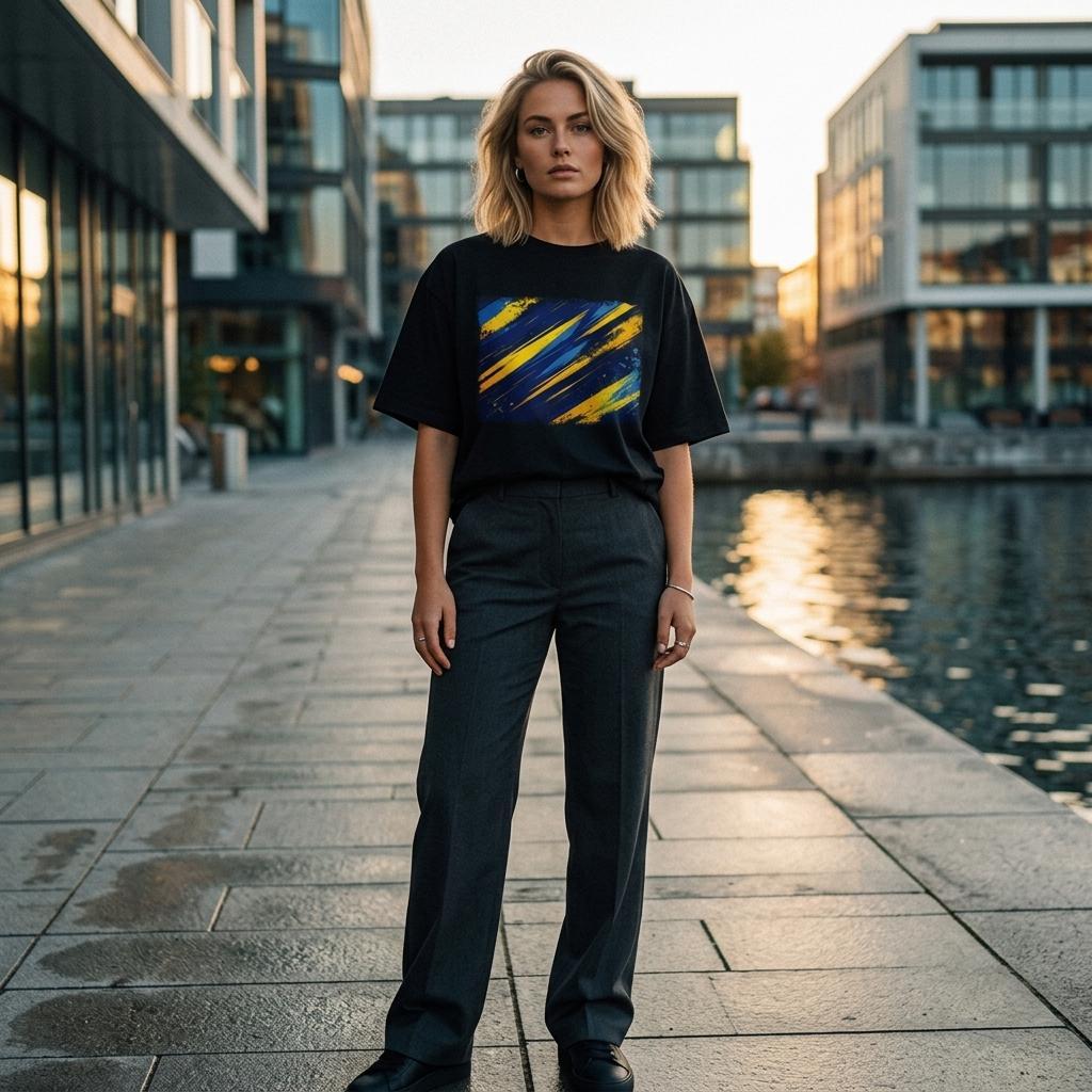 Sweden Blagult Dark. Woman standing on a city street with modern buildings and water in the background