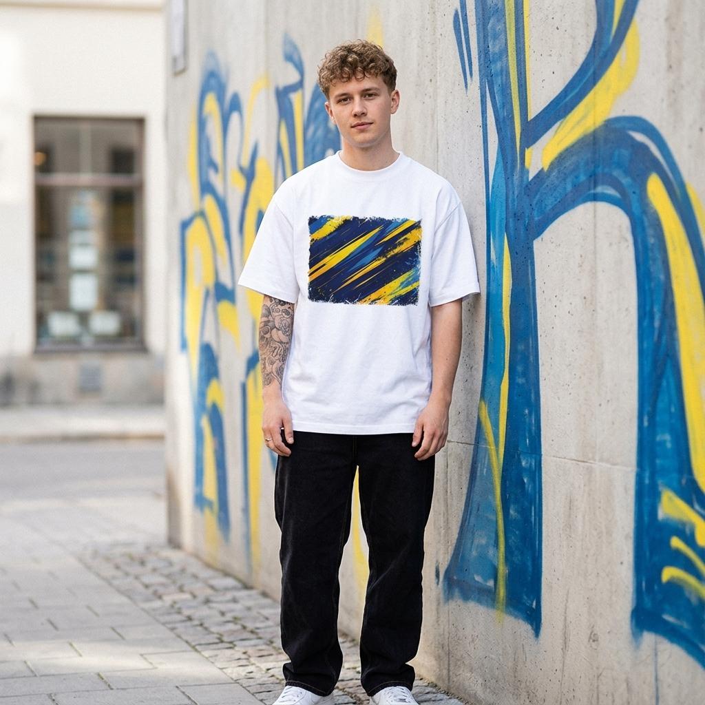 Sweden Blagult Light. Person wearing a white t-shirt with a colorful design, standing in front of a wall with graffiti.