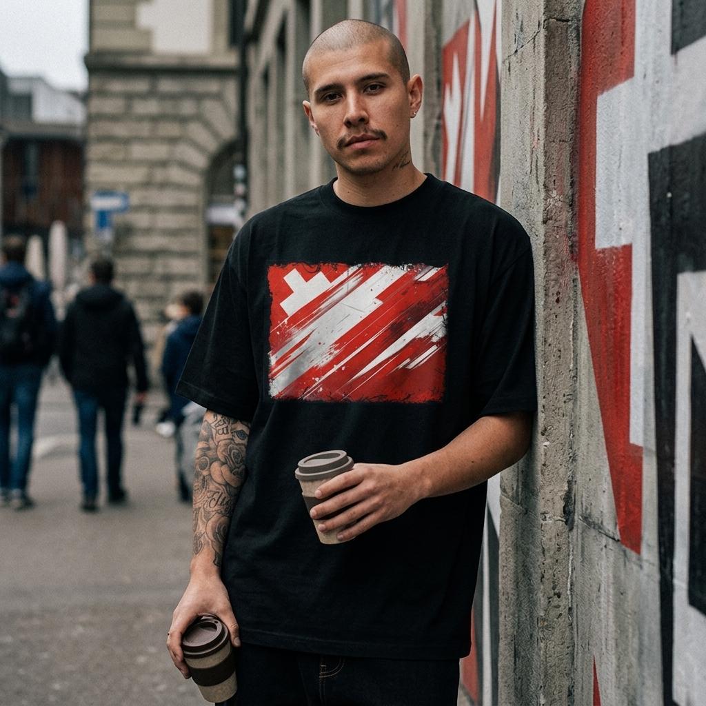 Switzerland Die Nati Black. Man wearing a black t-shirt with a red and white design, holding a coffee cup, standing against a wall with graffiti.