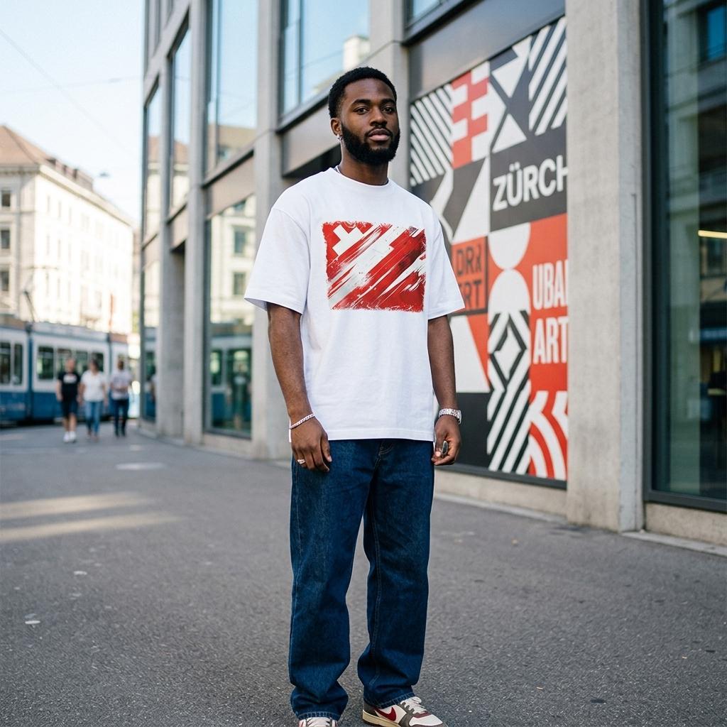 Switzerland Die Nati Light. Man wearing a white t-shirt with red graphic design standing on a city street.