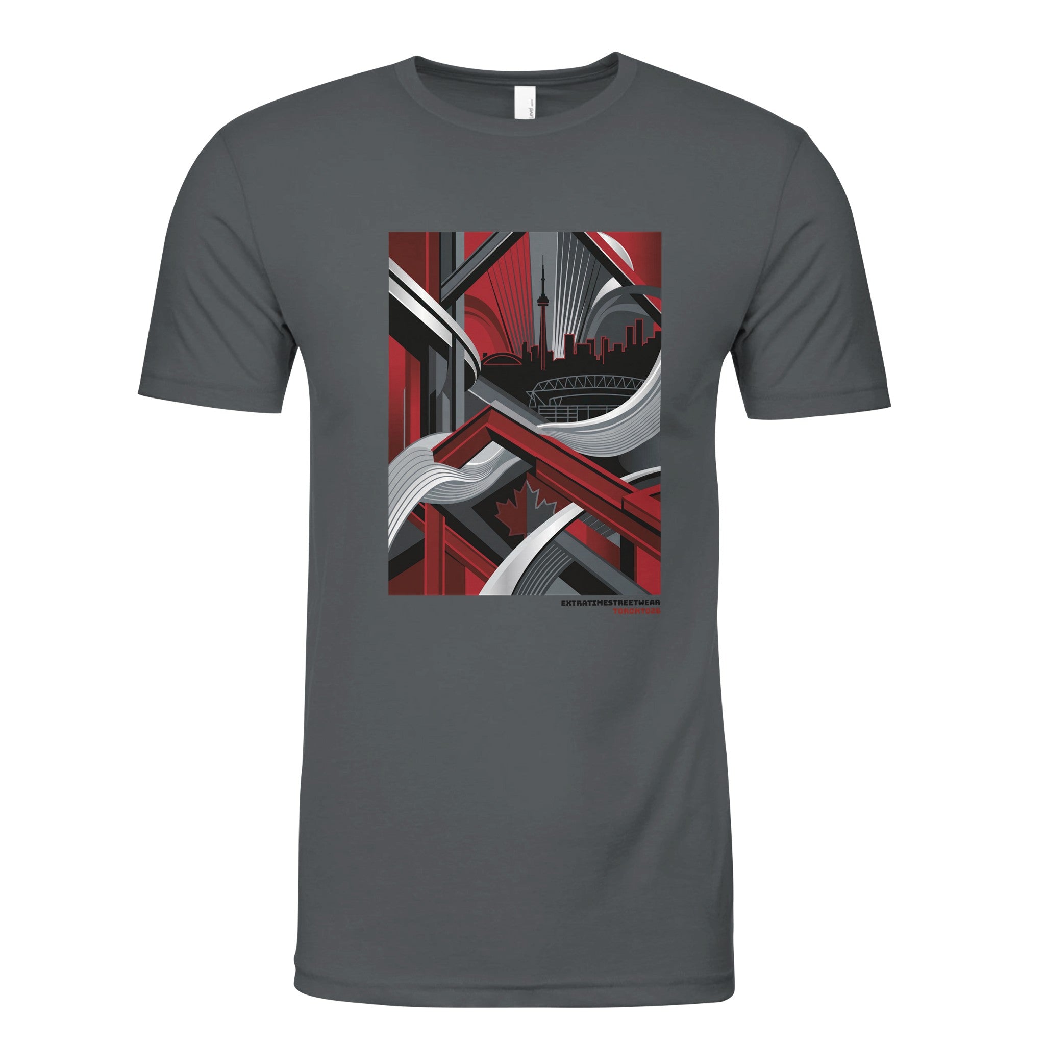 Gray shirt with Toronto skyline graphic on front. 