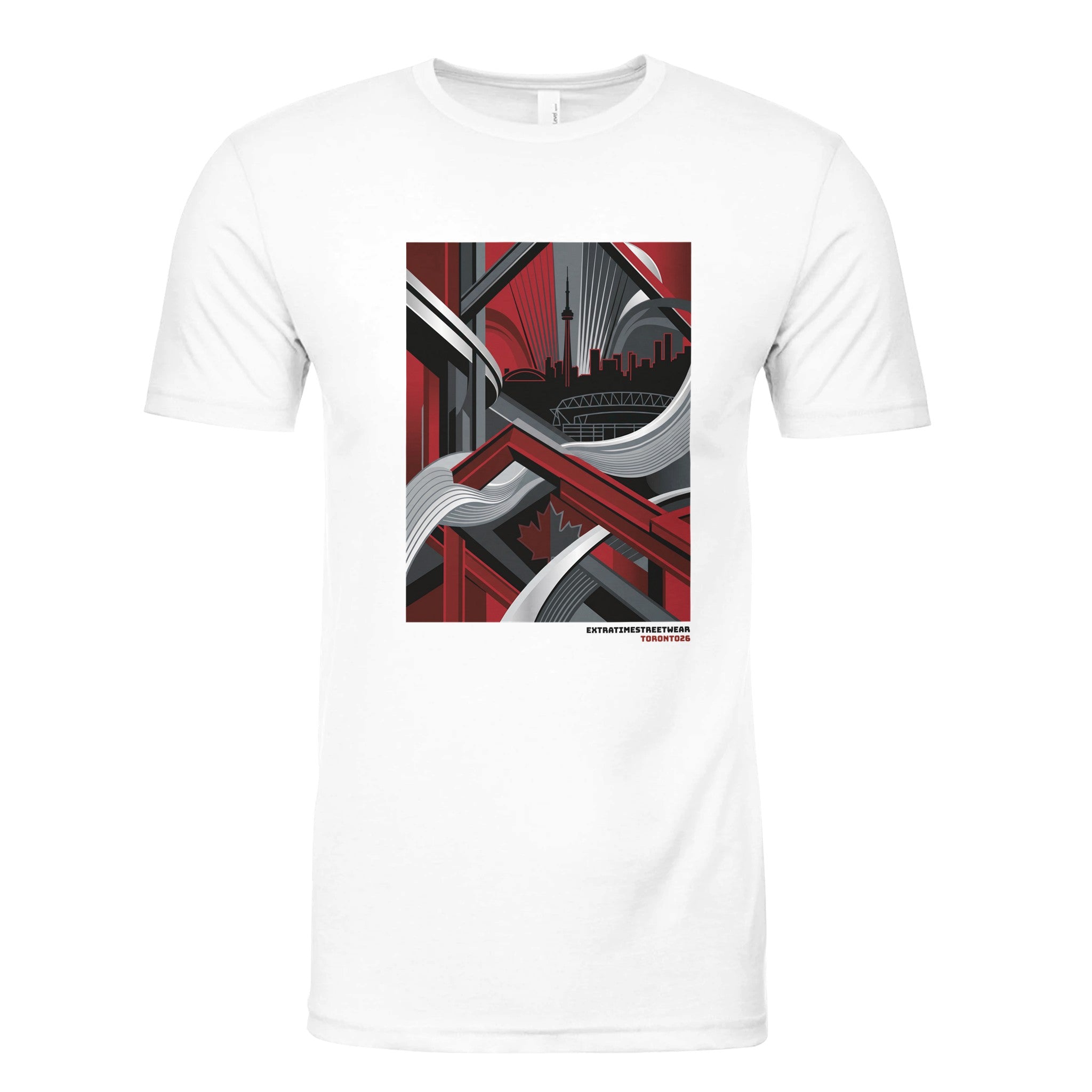 White shirt with Toronto skyline graphic on front.