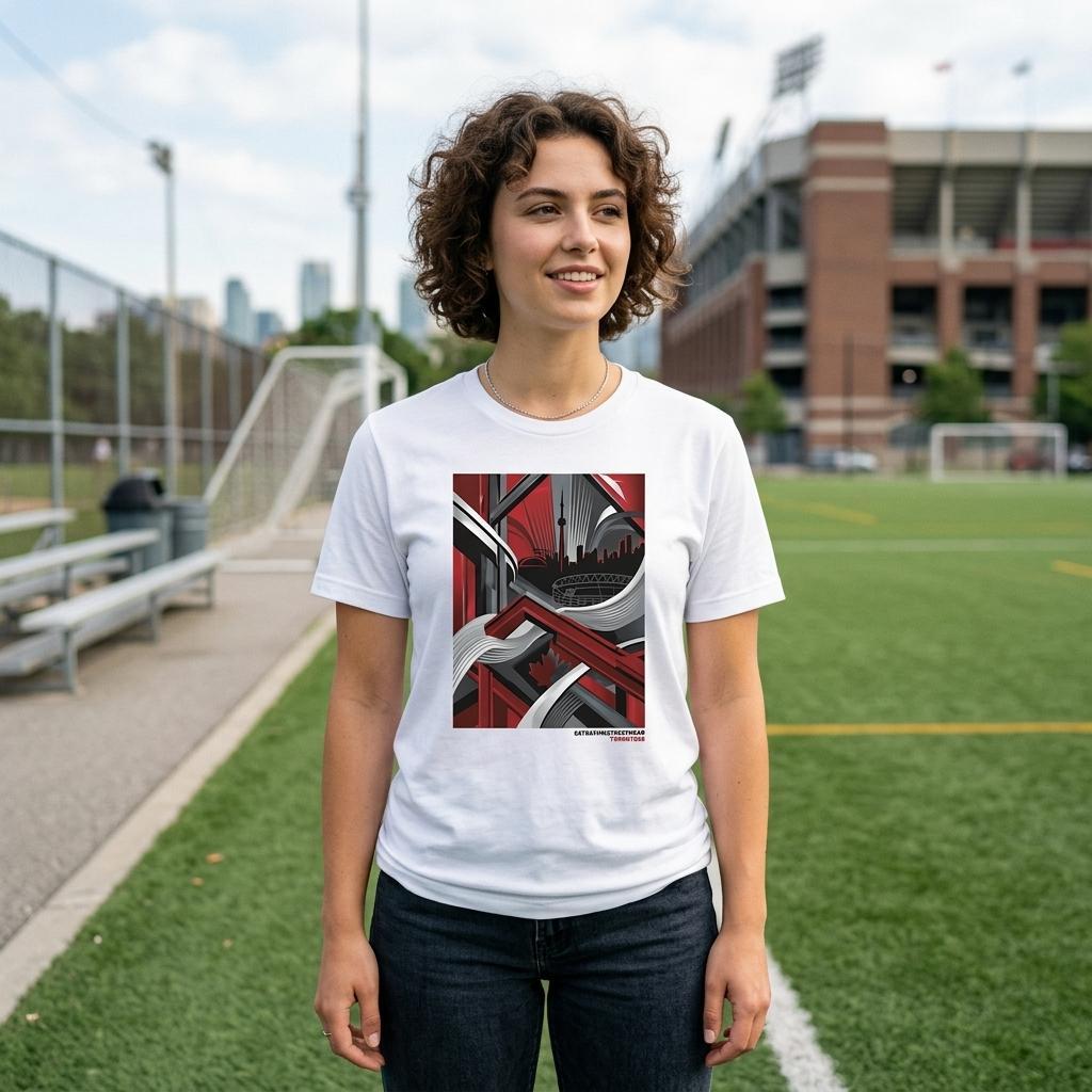 Person wearing a white t-shirt with a graphic design on a sports field