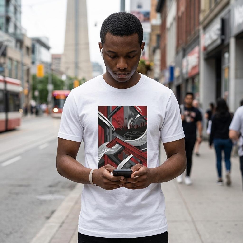 Man wearing a white t-shirt with a red and black graphic design on a city street.