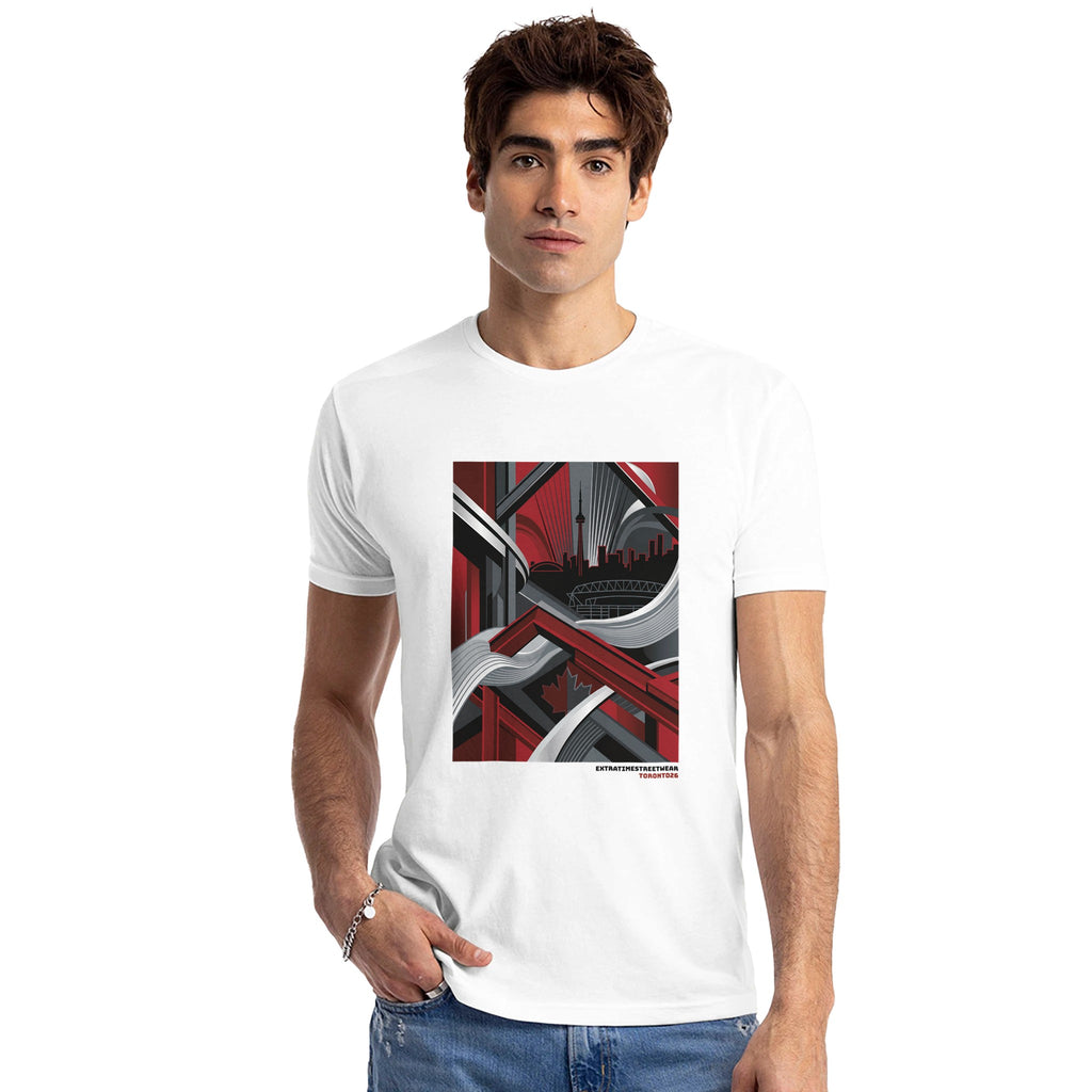 Man wearing white shirt with Toronto skyline graphic design on front. 