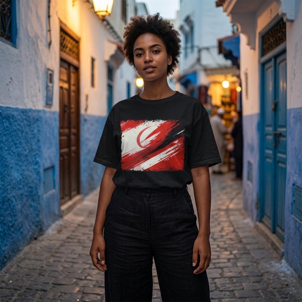 Tunisia Eagles of Carthage Dark. Person wearing a black t-shirt with a red and white design in a narrow street with blue walls.