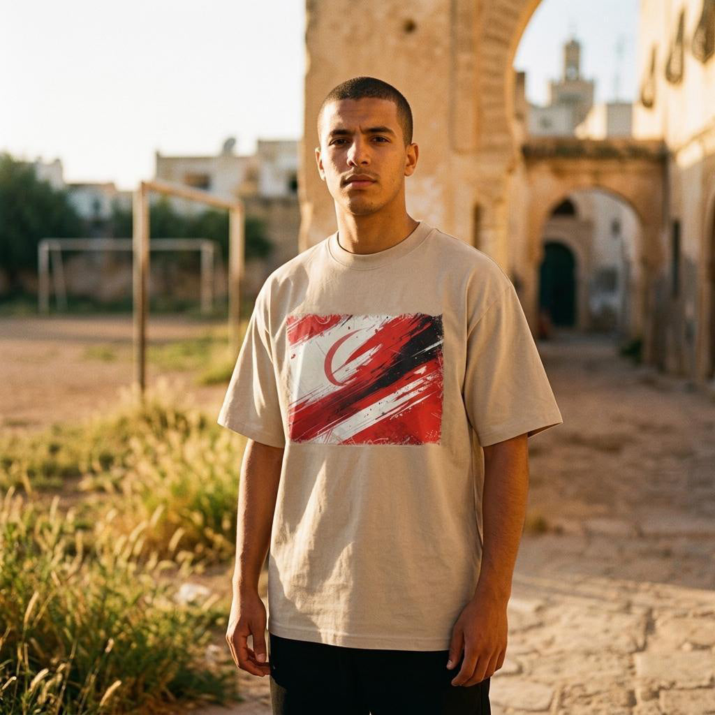 Tunisia Eagles of Carthage Sand. Man wearing a beige t-shirt with a red and black design in an outdoor setting.