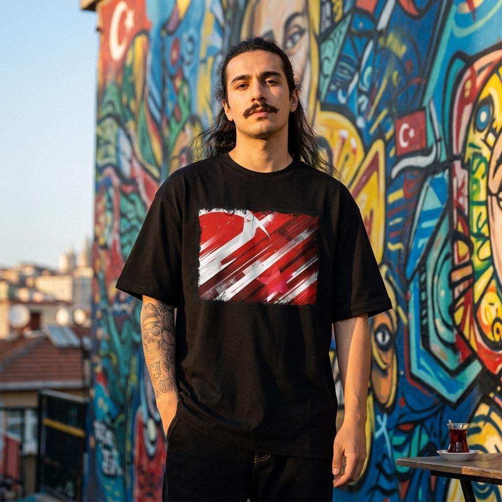 Turkey Crescent Stars Dark. Person wearing a black t-shirt with a red and white design in front of a colorful mural.