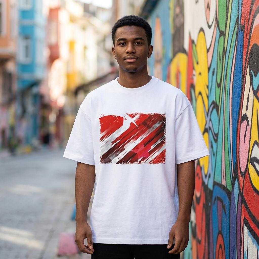 Turkey Crescent Stars Light. Man wearing a white t-shirt with a red and brown abstract design in an urban setting with colorful graffiti.