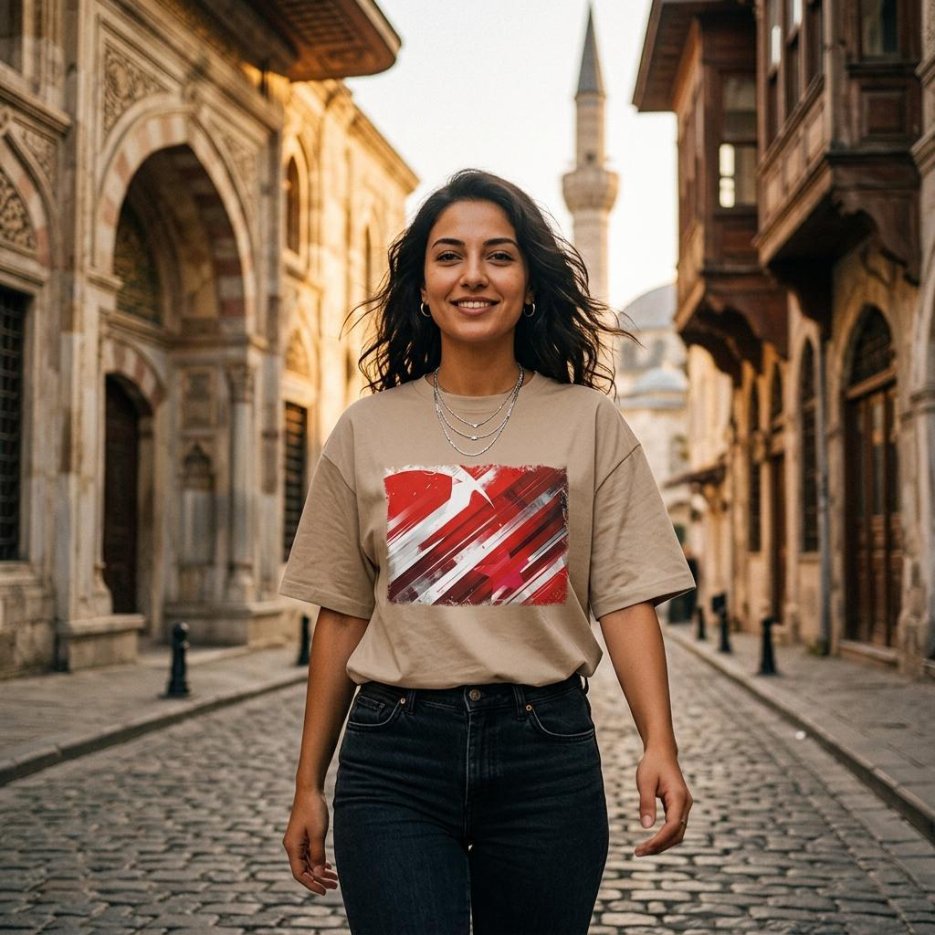 Turkey Crescent Stars Sand. Woman standing on a cobbled street with historic architecture in the background