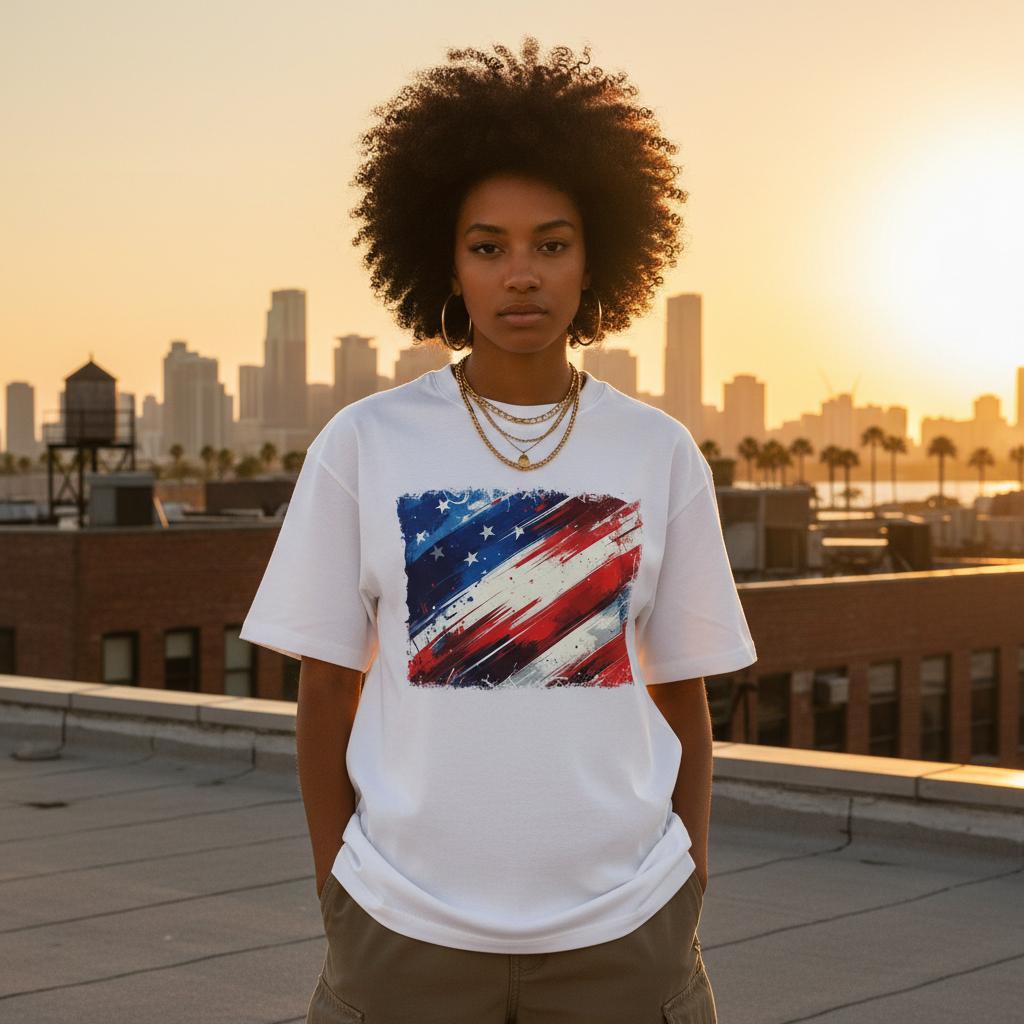 USA Glory Light Mode. Person wearing a white t-shirt with a colorful graphic design on a rooftop with a city skyline in the background.